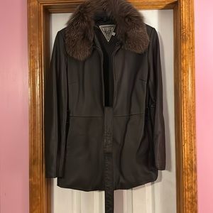 Women’s brown leather jacket with fur collar